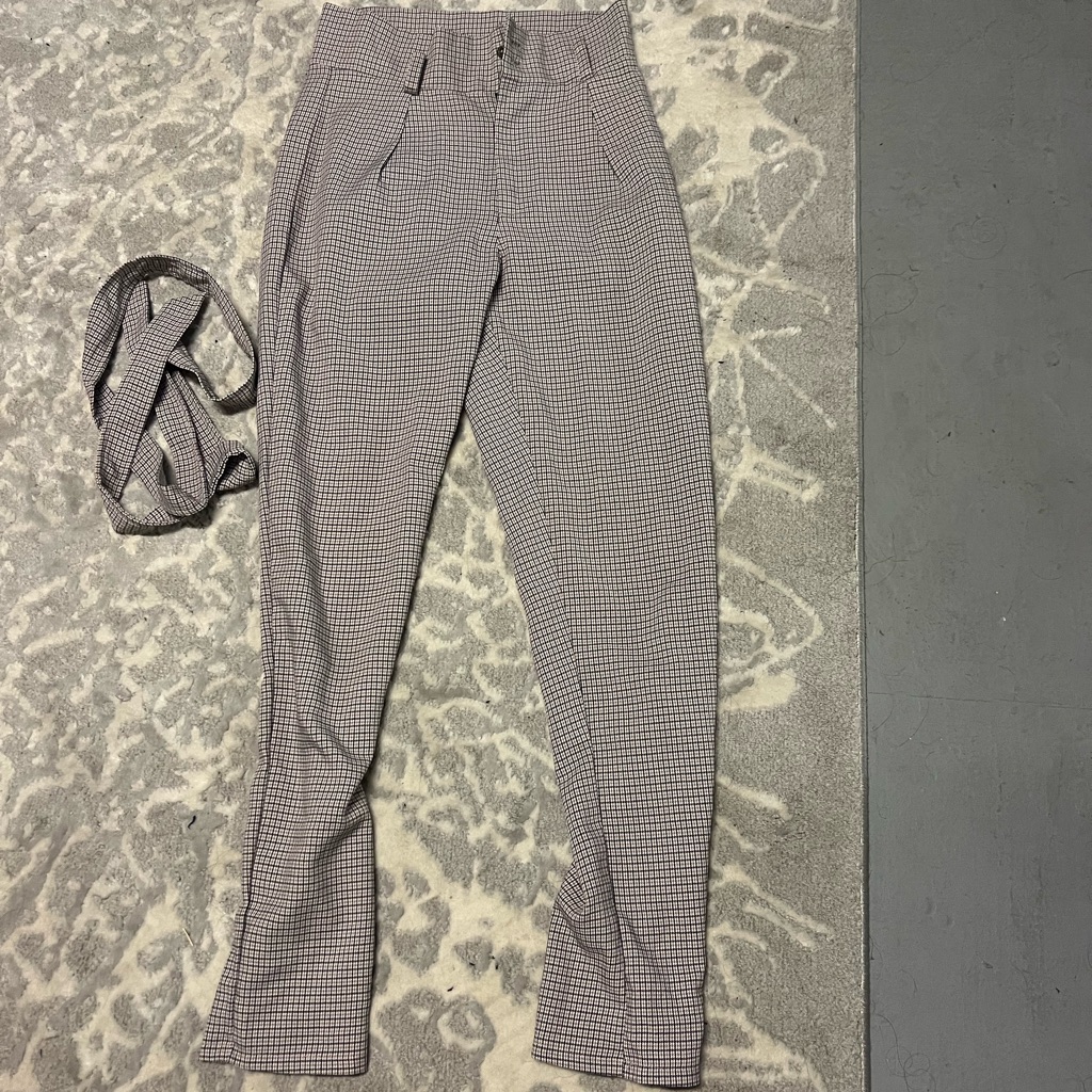 High Wasited Gray Checkered Pants W Belt